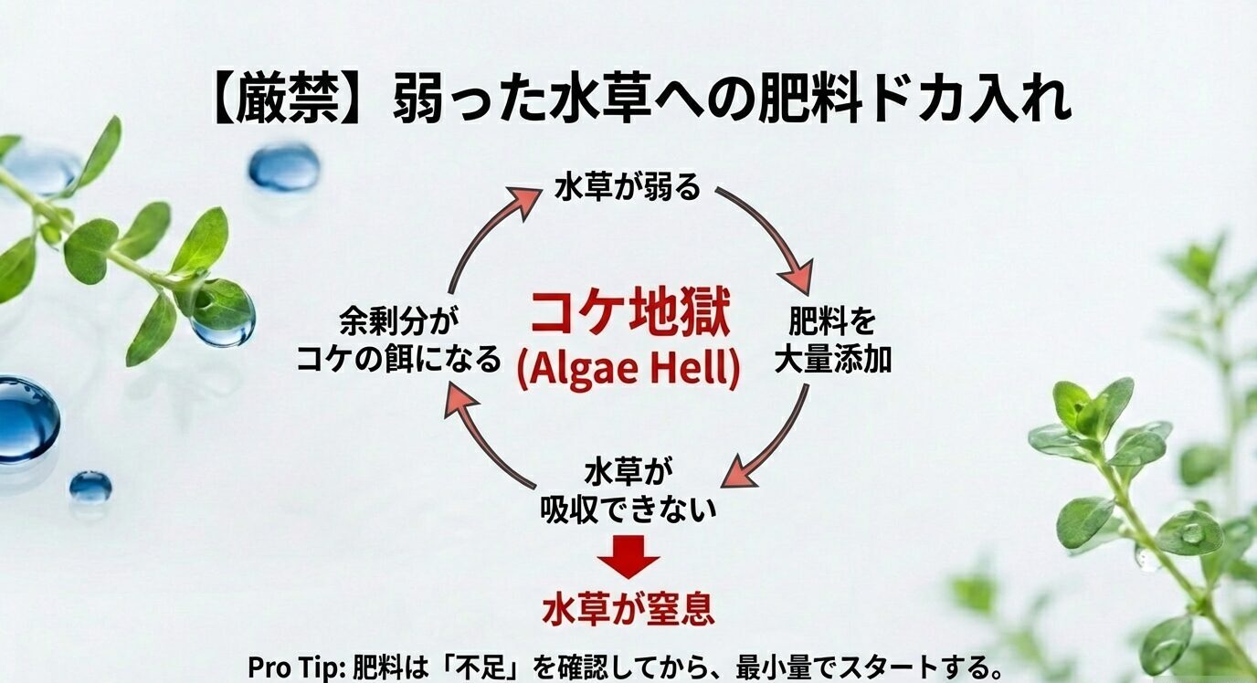 円形の矢印で「水草が弱る→肥料を大量添加→水草が吸収できない→余剰分がコケの餌になる」の悪循環を示し、中央に「コケ地獄(Algae Hell)」とある。