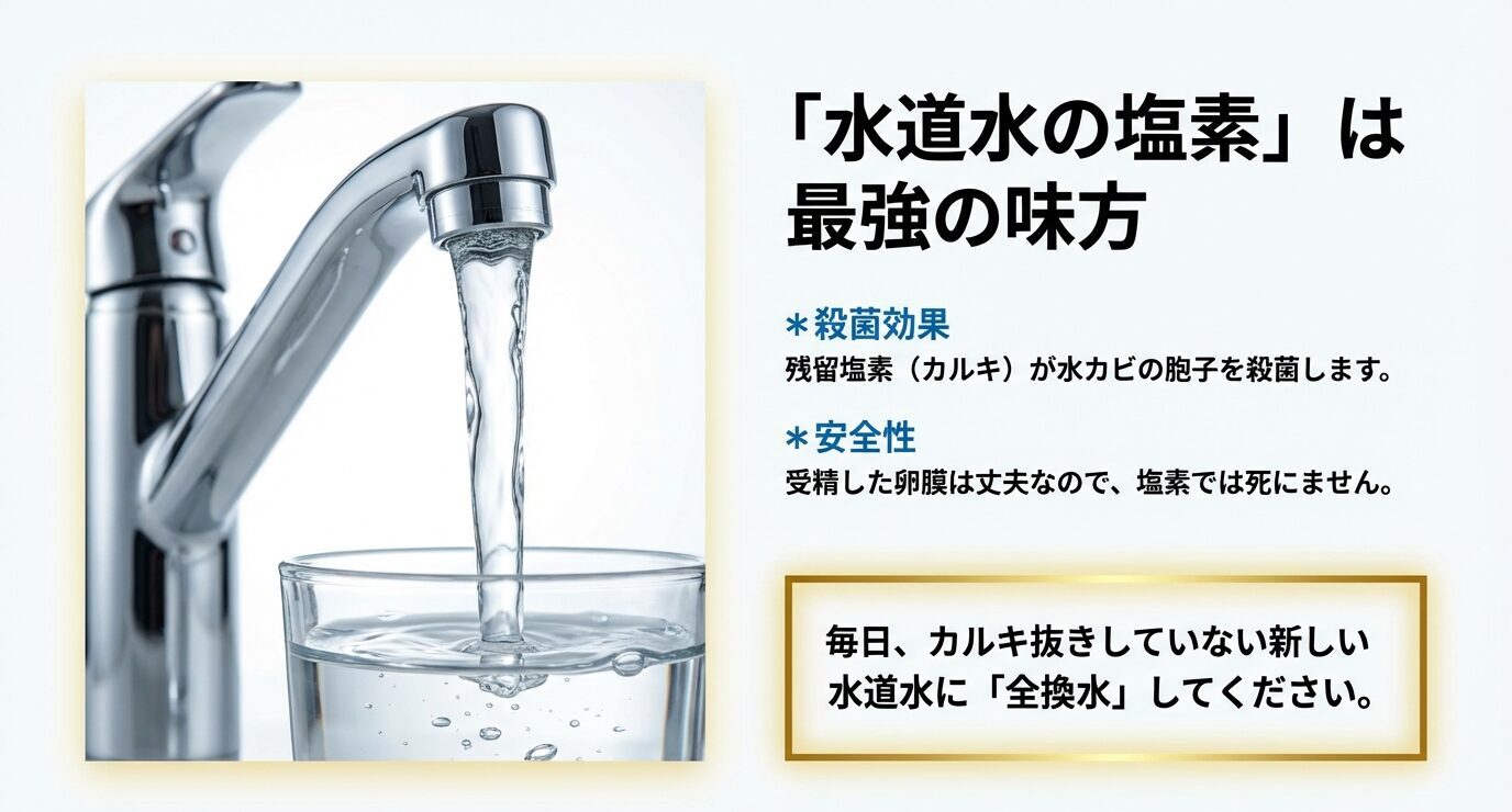 蛇口から水を注ぐ写真と、「残留塩素が水カビの胞子を殺菌」「受精卵は丈夫で塩素で死なない」「毎日カルキ抜きしていない新しい水道水に全換水」と要点をまとめたスライド。