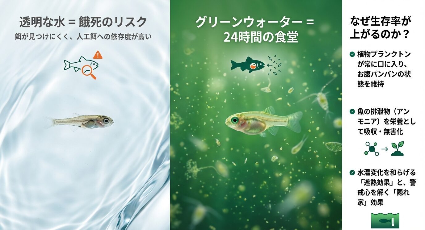 透明な水は餓死リスクがある一方、グリーンウォーターは24時間の食堂として植物プランクトンが餌になり、アンモニア吸収や遮熱・隠れ家効果で生存率が上がることを図解したスライド