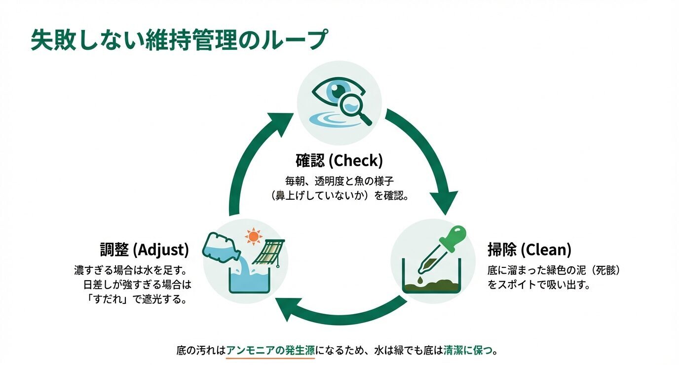 毎朝の透明度と魚の様子を確認し、底に溜まる緑の泥(死骸)をスポイトで掃除し、濃すぎれば足し水・日差しが強ければ遮光する、という維持管理の循環を図解したスライド