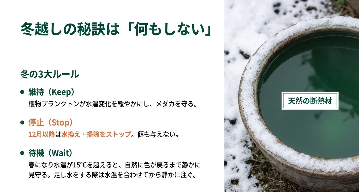 冬は植物プランクトンが水温変化を緩やかにする“天然の断熱材”になり、12月以降は水換えや掃除を停止して、春に水温が戻るまで静かに待つという3ルールを示すスライド