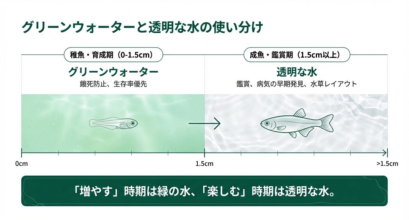 稚魚・育成期(0〜1.5cm)はグリーンウォーターで餓死防止と生存率優先、成魚・鑑賞期(1.5cm以上)は透明な水で観察と病気の早期発見に向くと、サイズの目安と矢印で示すスライド