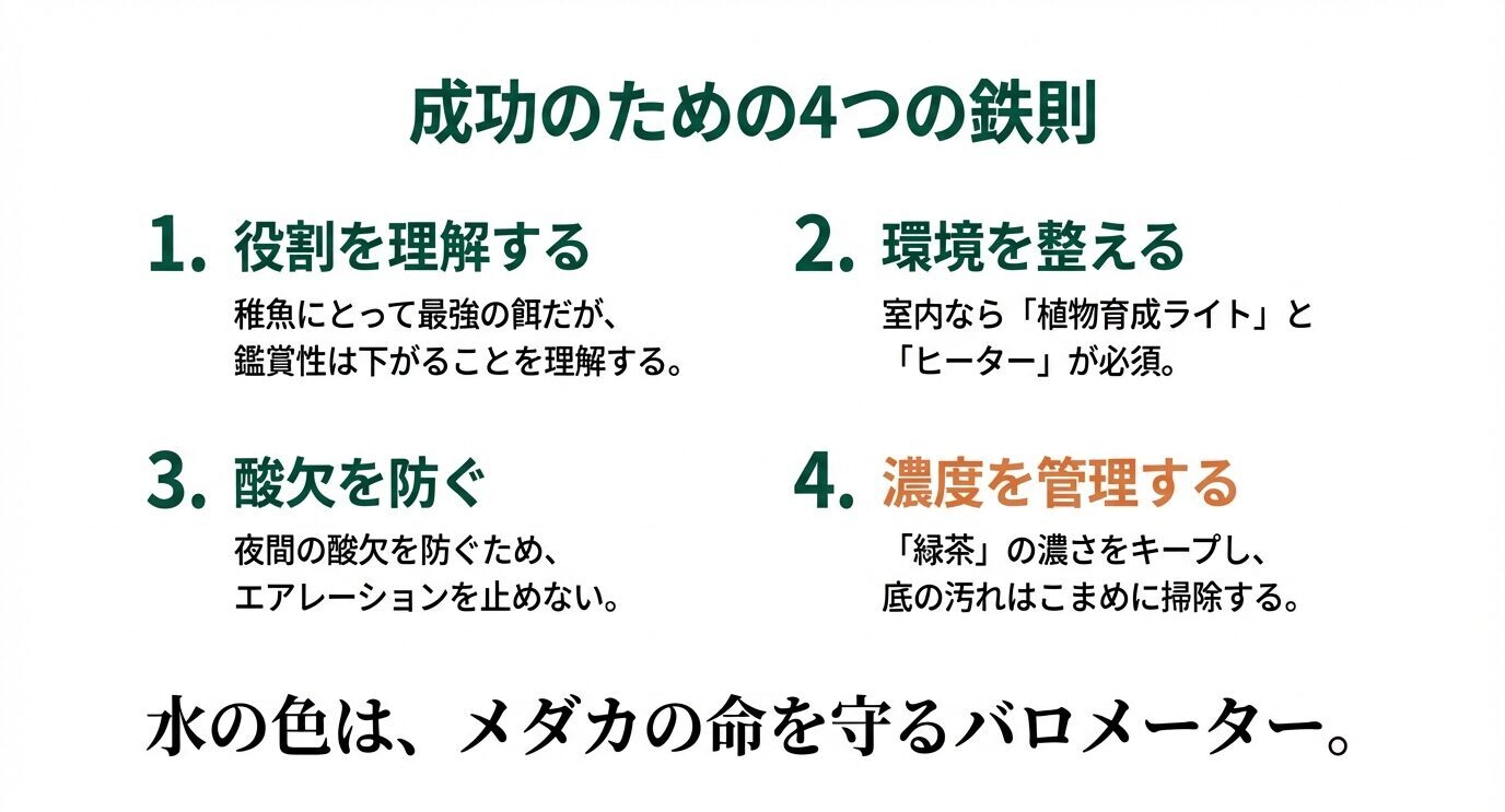 ①役割を理解する ②環境を整える(室内は育成ライトとヒーター)③酸欠を防ぐ(エアレーションを止めない)④濃度を管理する(緑茶をキープし底の汚れを掃除)という4原則をまとめたスライド