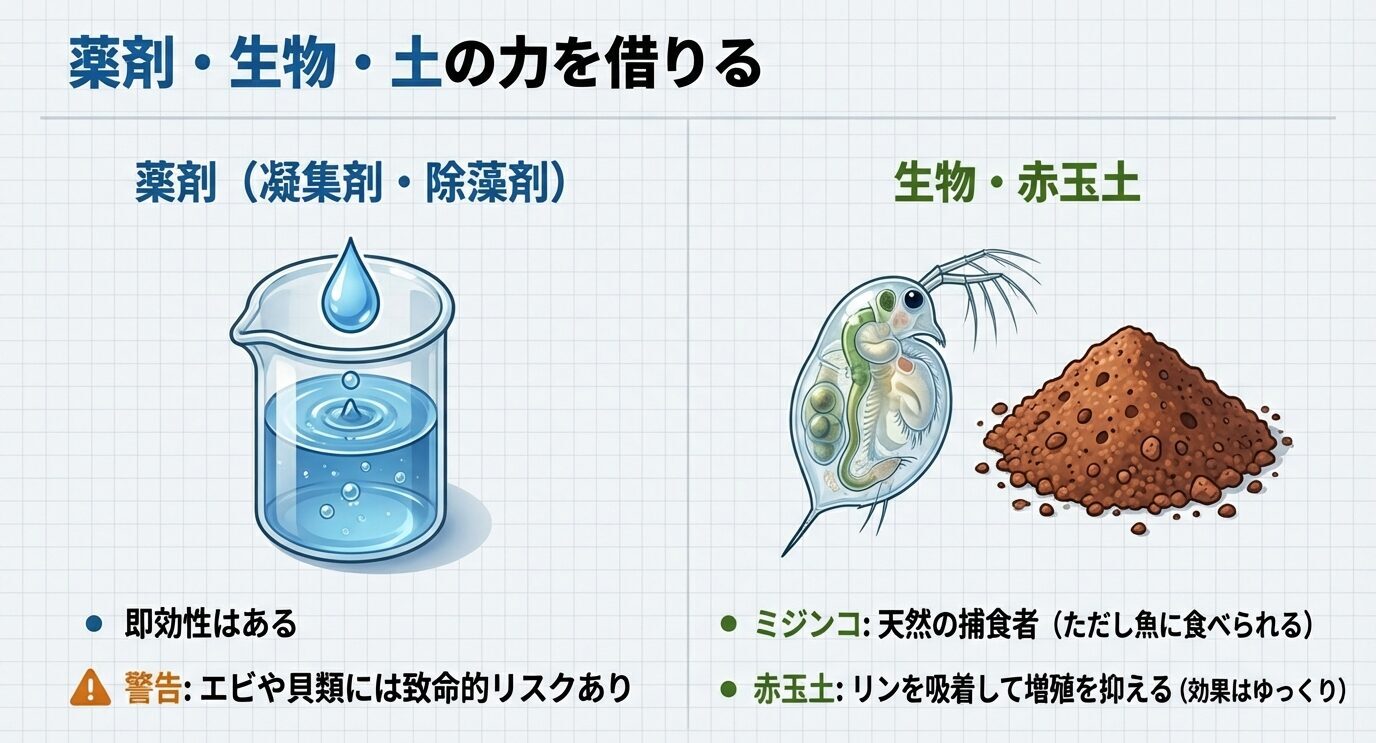凝集剤・除藻剤など薬剤の即効性と注意点(エビや貝にリスク)を示す。ミジンコはプランクトン捕食、赤玉土はリン吸着で増殖を抑えることを示す。