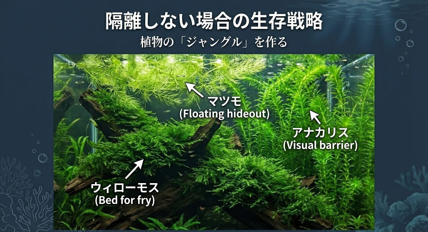 水草を増やして稚魚の隠れ家を作る例。マツモ(浮遊の隠れ家)、ウィローモス(稚魚のベッド)、アナカリス(視線遮断)を示す写真。