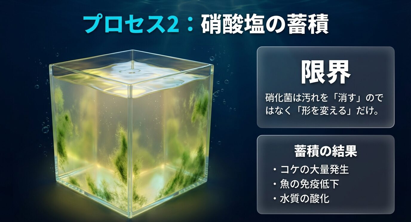 硝化は汚れを消すのではなく形を変えるだけで、硝酸塩が蓄積するとコケ増加・魚の免疫低下・水質の酸化が起きると示したスライド