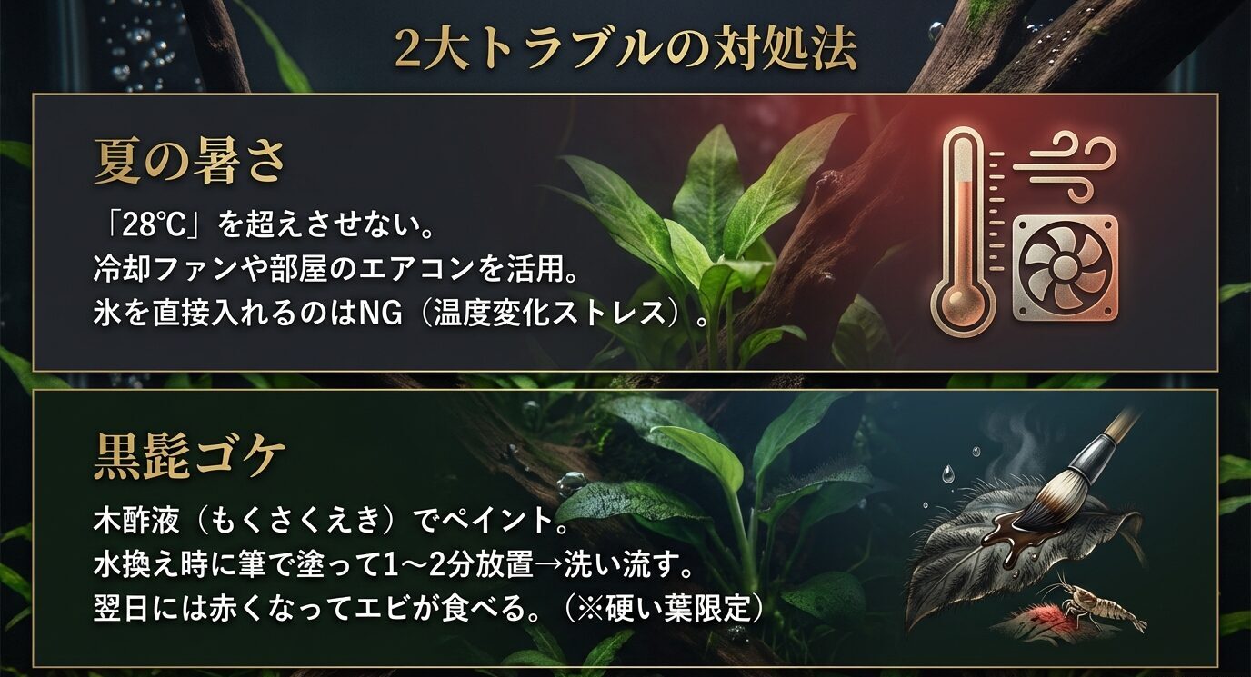 「2大トラブルの対処法」として、夏の暑さは28℃を超えさせない(ファン・エアコン、氷直入れNG)/黒髭ゴケは木酢液を塗って1〜2分放置後に洗い流す(硬い葉限定)とまとめている。