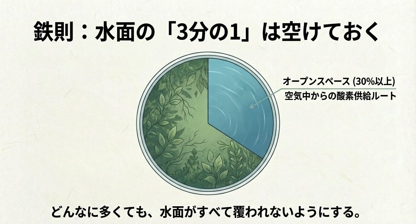 水面の円グラフ図で、30%以上のオープンスペースが酸素供給ルートになることを示した図解。