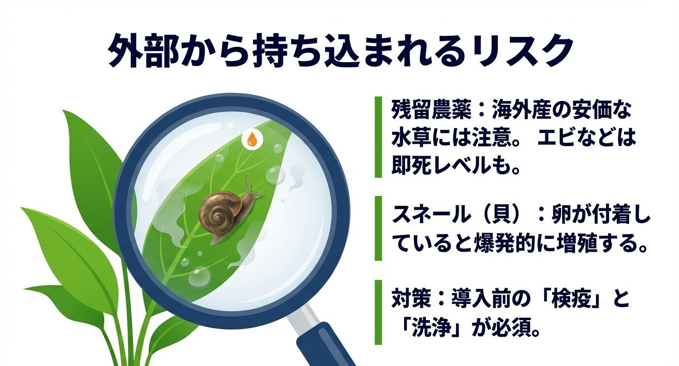 拡大鏡で葉と貝を示し、残留農薬・スネール卵の混入、導入前の検疫と洗浄が必要と説明。