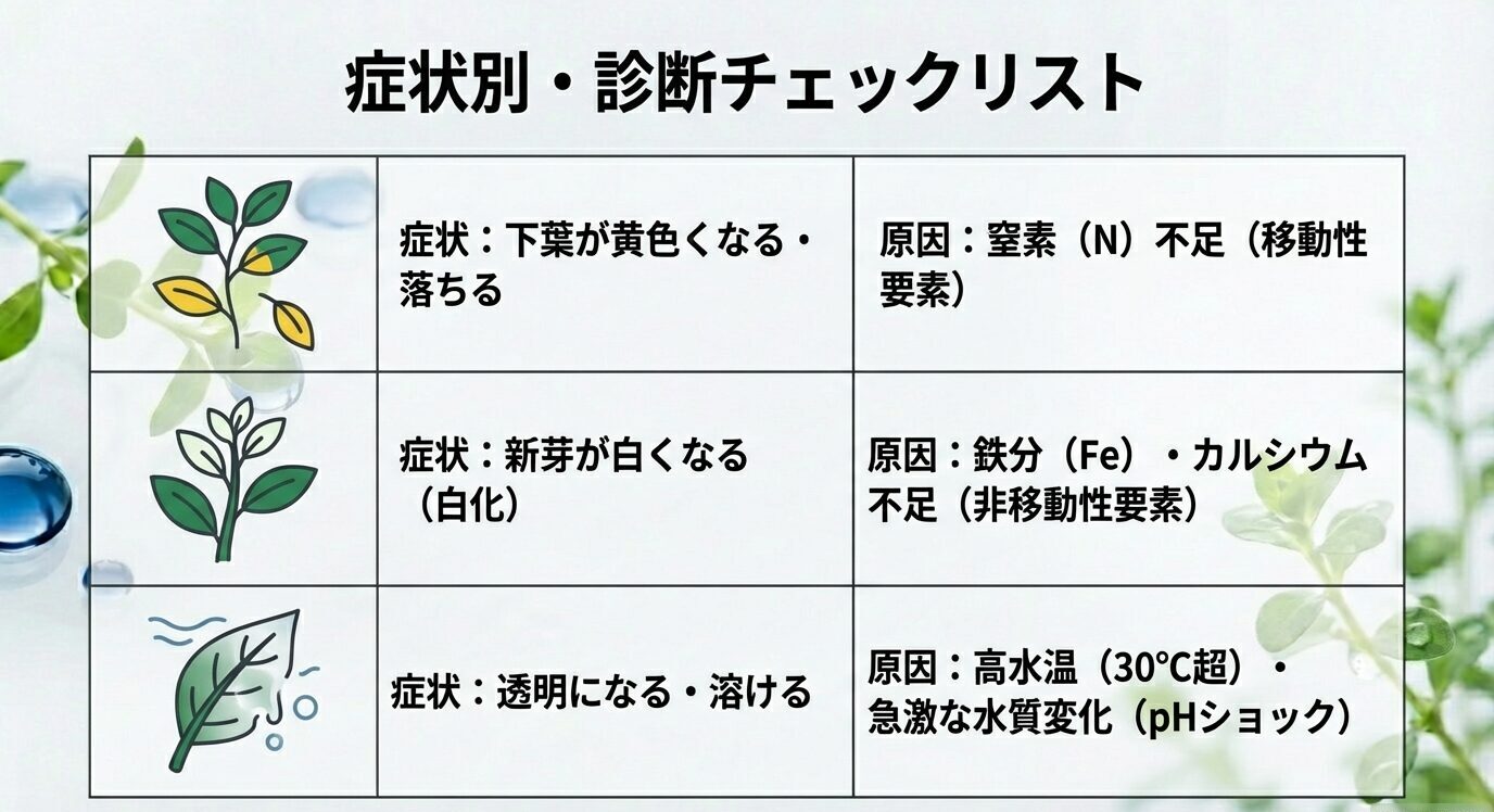 表形式で「下葉が黄色くなる・落ちる=窒素不足」「新芽が白くなる(白化)=鉄分・カルシウム不足」「透明になる・溶ける=高水温(30℃超)や急激な水質変化(pHショック)」を整理している。