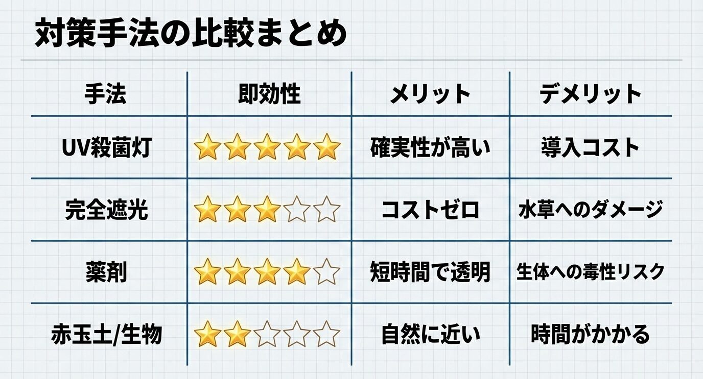 UV殺菌灯、完全遮光、薬剤、赤玉土・生物の4手法を、即効性(星評価)とメリット・デメリットで比較した一覧。