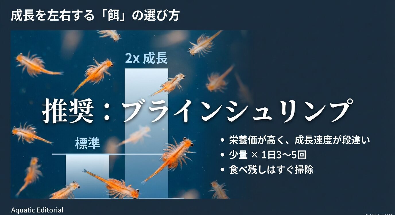 ブラインシュリンプを推奨するスライド。栄養価が高く成長速度が違う、少量を1日3〜5回、食べ残しは掃除といった要点を表示。