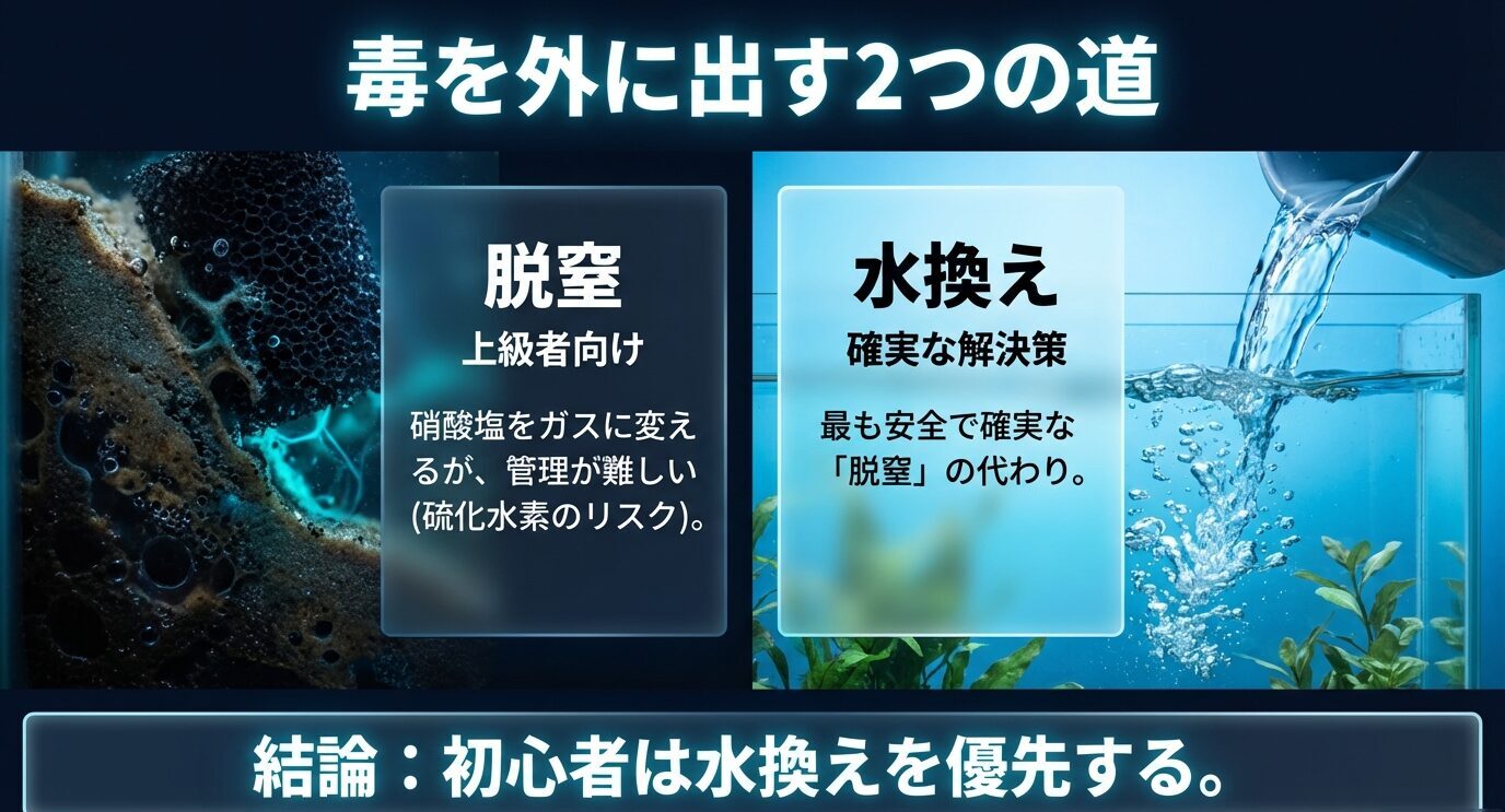 硝酸塩を減らす手段として脱窒(上級者向け・硫化水素リスク)と水換え(確実)を並べ、初心者は水換え優先とまとめたスライド