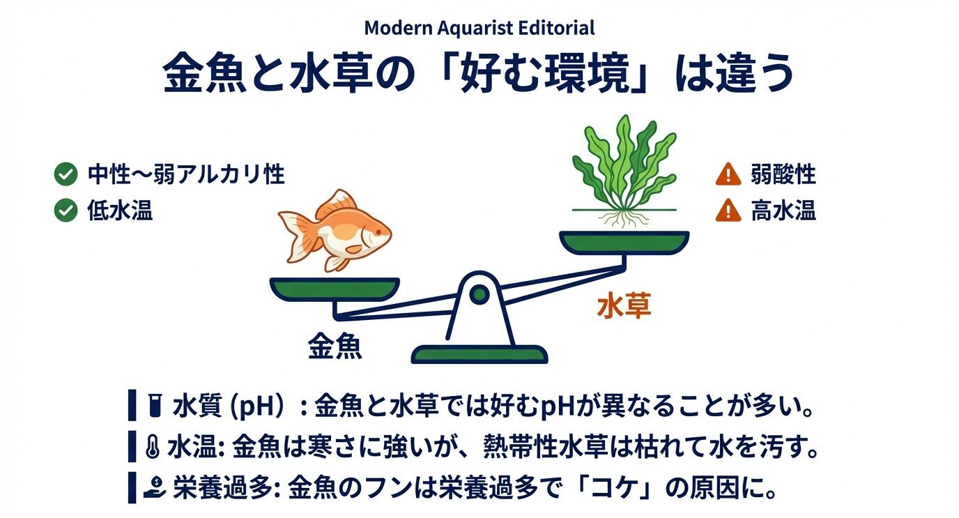 天秤図で金魚(中性〜弱アルカリ・低水温)と水草(弱酸性・高水温)の違い、栄養過多でコケ原因も示す。