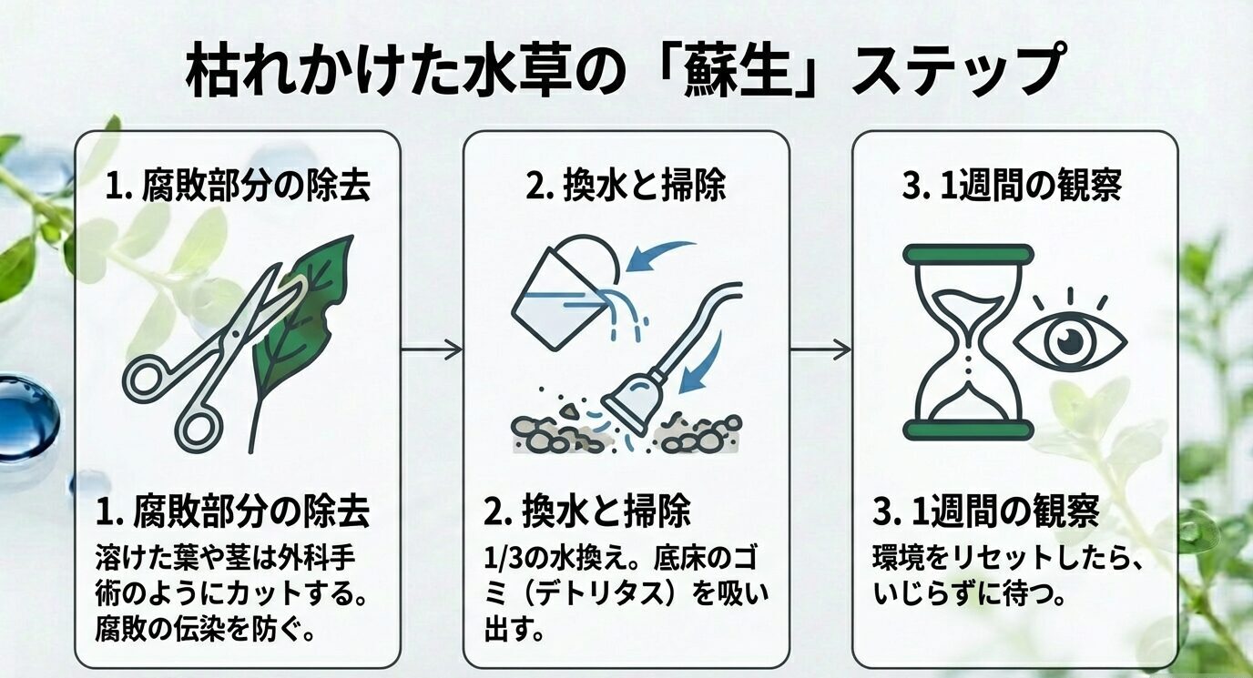 3つの枠で「腐敗部分の除去」「換水と掃除(1/3水換え・底床のゴミを吸い出す)」「1週間の観察(いじらず待つ)」の流れを示している。