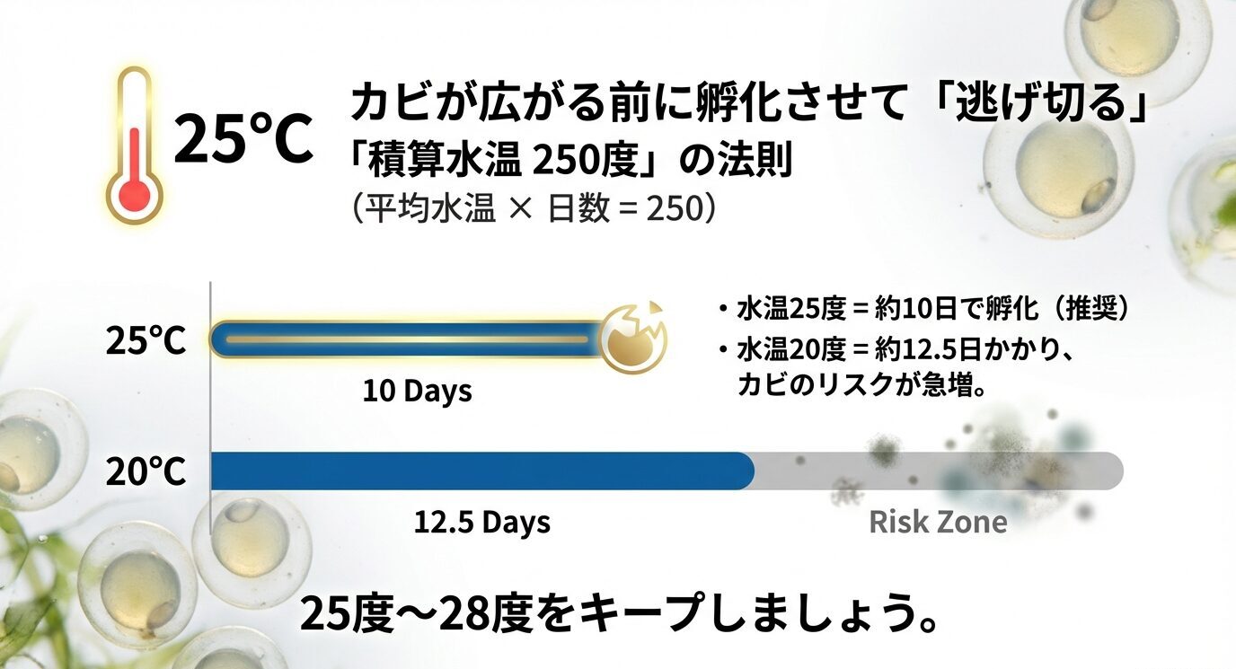 平均水温×日数=250の法則を図解し、25℃は約10日、20℃は約12.5日でリスクが増えることを示す。25〜28℃維持を推奨するスライド。