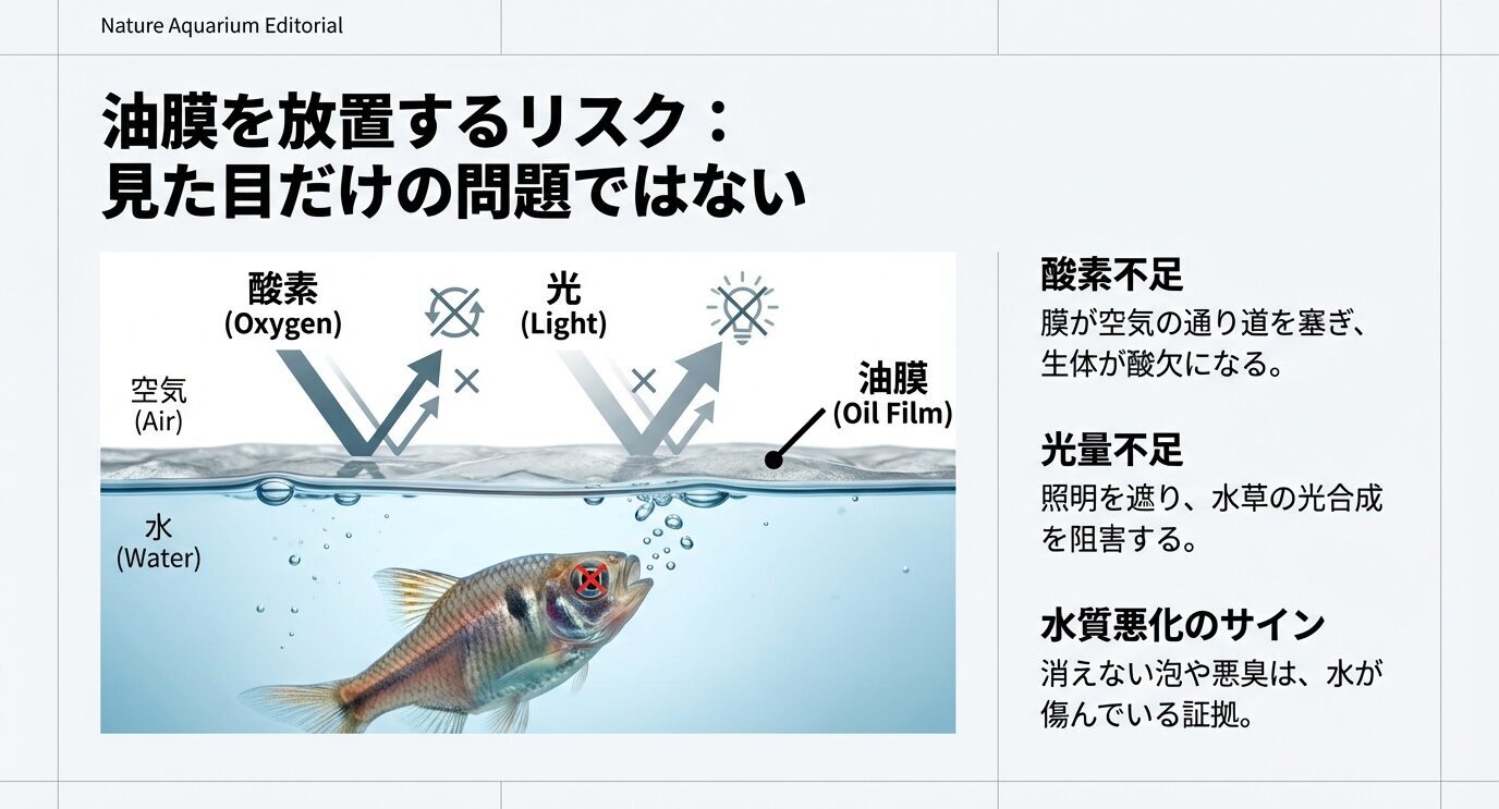 水面に油膜があると酸素と光の通り道が遮られ、魚の酸欠や水草の光合成阻害、消えない泡や悪臭など水質悪化のサインにつながることを説明した図。
