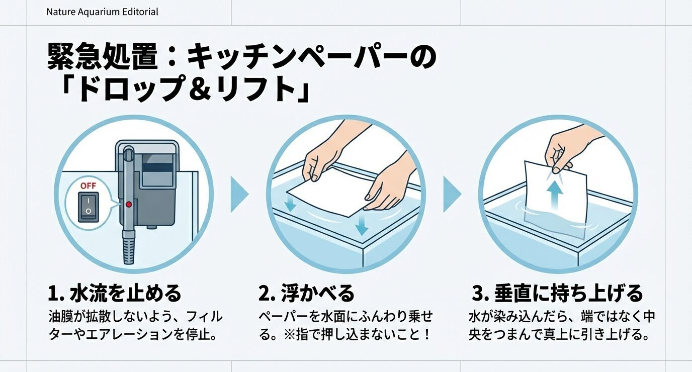 ①水流を止める、②キッチンペーパーを水面に浮かべる、③紙の中央をつまんで垂直に持ち上げる、の順で油膜を吸着除去する手順図。