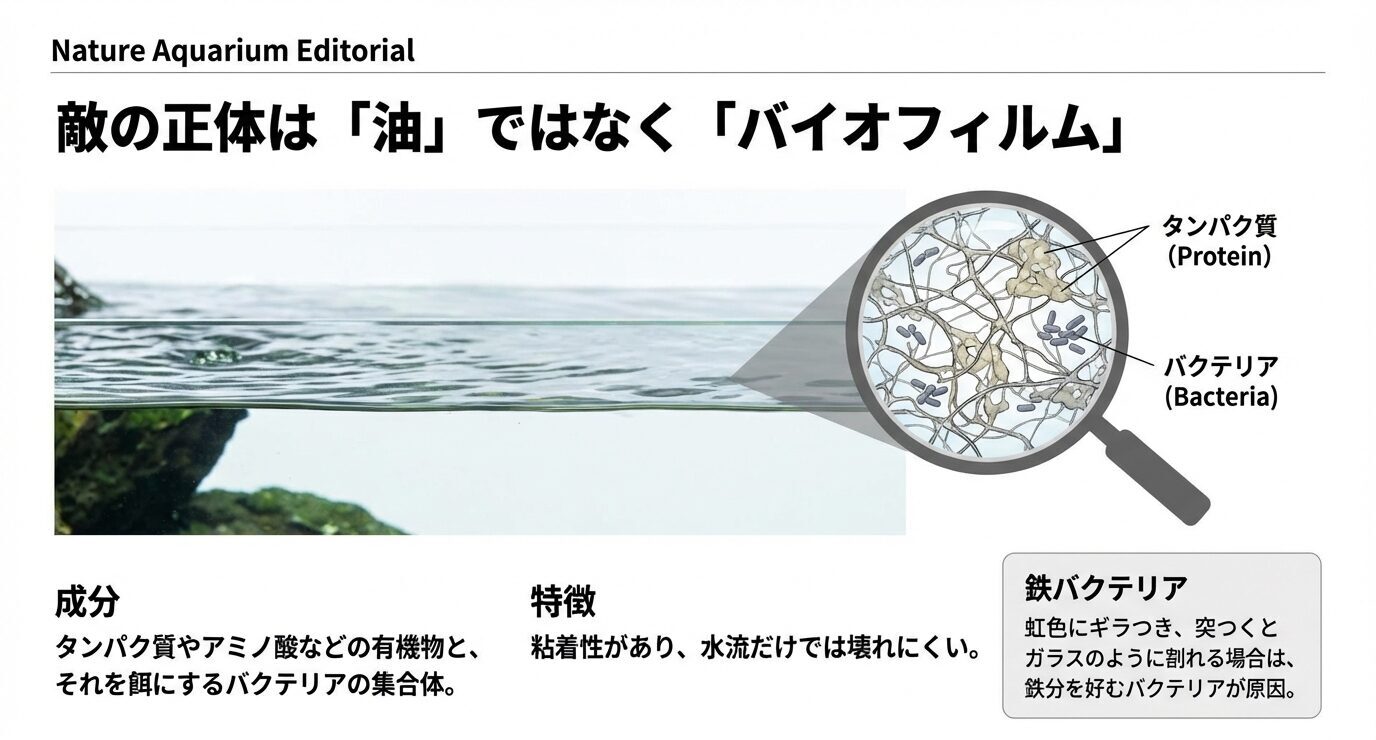 水面の膜がタンパク質などの有機物とバクテリアの集合体(バイオフィルム)で、粘着性があり水流だけでは壊れにくいことを示す拡大イメージ図。