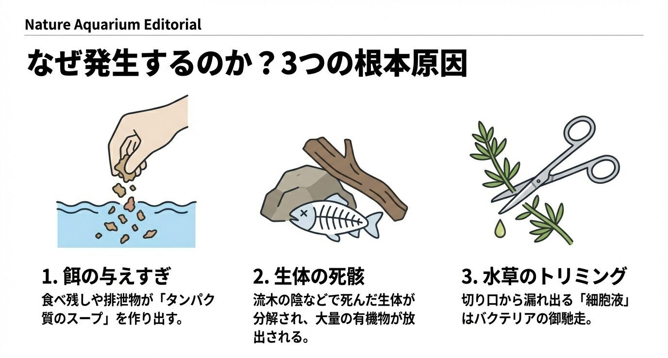 油膜の根本原因として、餌の与えすぎ、隠れた生体の死骸、トリミングで漏れる細胞液の3つをイラストで示した図。