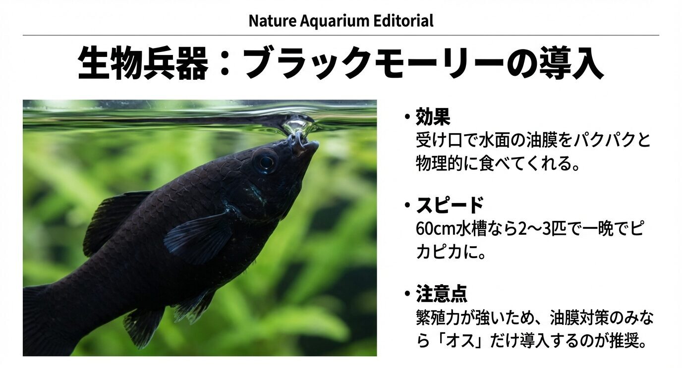 水面直下で口を向け、油膜をパクパク食べるブラックモーリーの写真と、効果・スピード・繁殖に関する注意点をまとめたスライド。