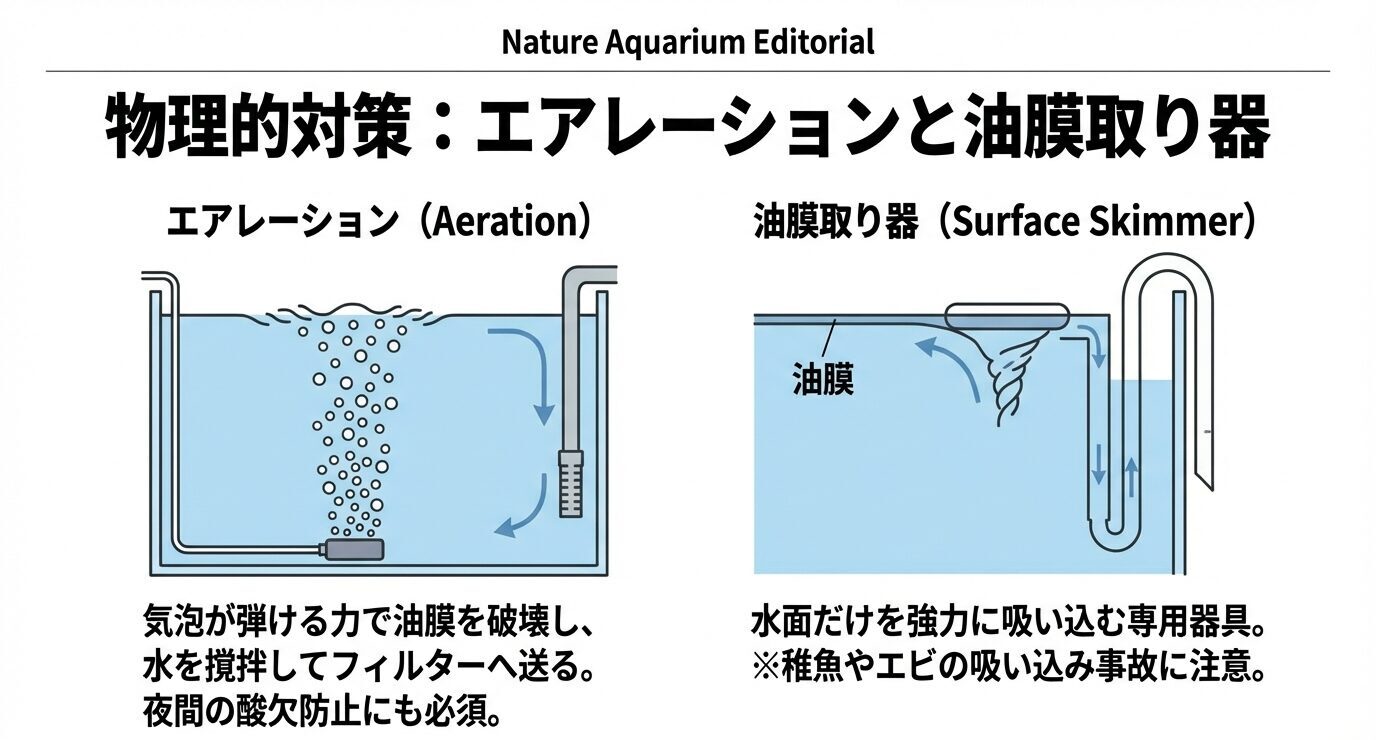 エアレーションは気泡で油膜を破壊し水を撹拌してフィルターへ送ること、油膜取り器(サーフェススキマー)は水面だけを強力に吸い込むことを並べて示した図。