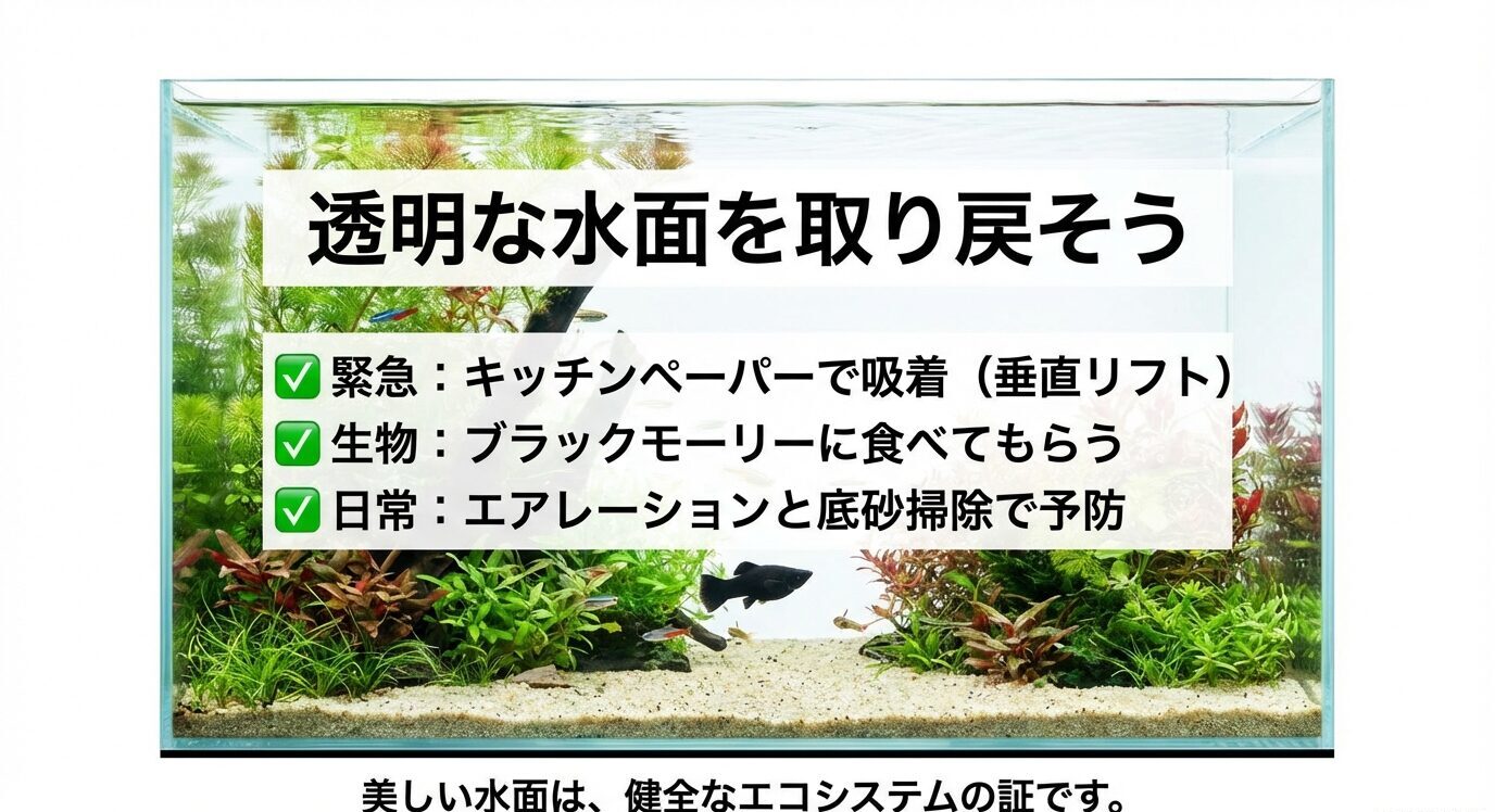 透明な水面を目指すために、緊急はキッチンペーパーで吸着、生物はブラックモーリー、日常はエアレーションと底砂掃除で予防する、という要点をチェック形式でまとめたスライド。