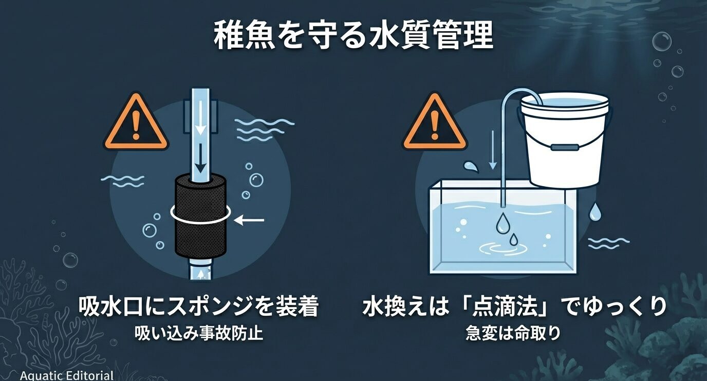 吸水口にスポンジを付けて吸い込み事故を防ぐ図と、水換えは点滴法のようにゆっくり行い急変を避ける図を並べたスライド。