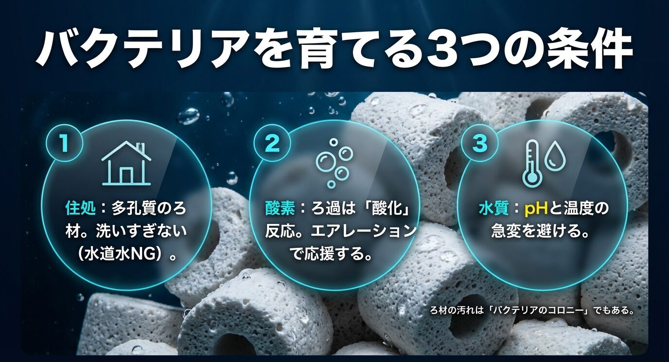 多孔質ろ材を洗いすぎない、ろ過は酸化反応なので酸素が重要、水質はpHと温度の急変を避ける、という3条件をまとめたスライド
