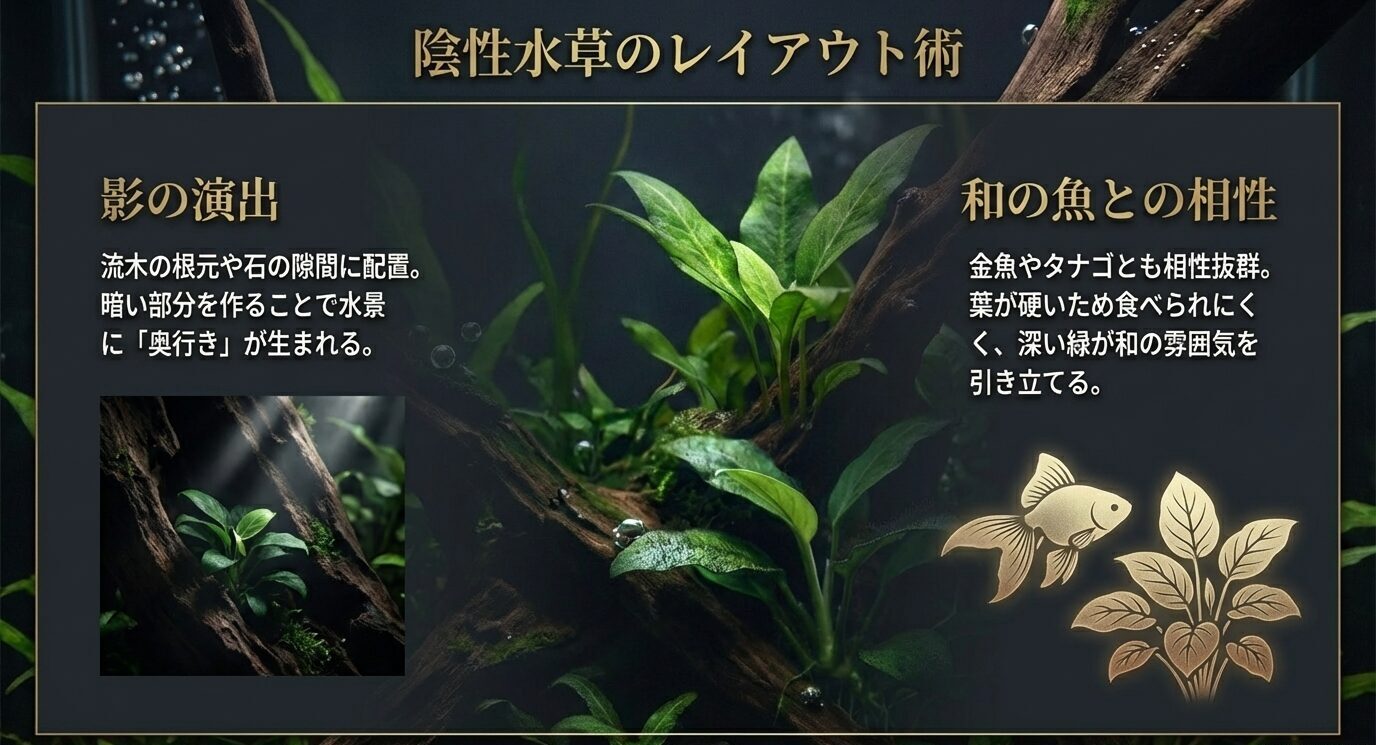 「陰性水草のレイアウト術」として、流木の根元や石の隙間に置いて影を作り奥行きを出す方法と、金魚やタナゴなど和の魚と相性が良く葉が硬くて食害に強い点を紹介している。