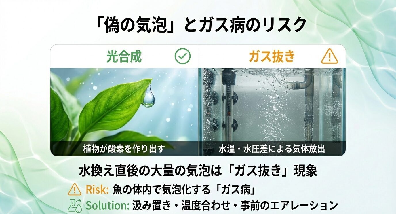 左は光合成の気泡、右は換水後の気体放出を対比。「水換え直後の大量の気泡は『ガス抜き』現象」「Risk:魚の体内で気泡化する『ガス病』」「Solution:汲み置き・温度合わせ・事前のエアレーション」とある。