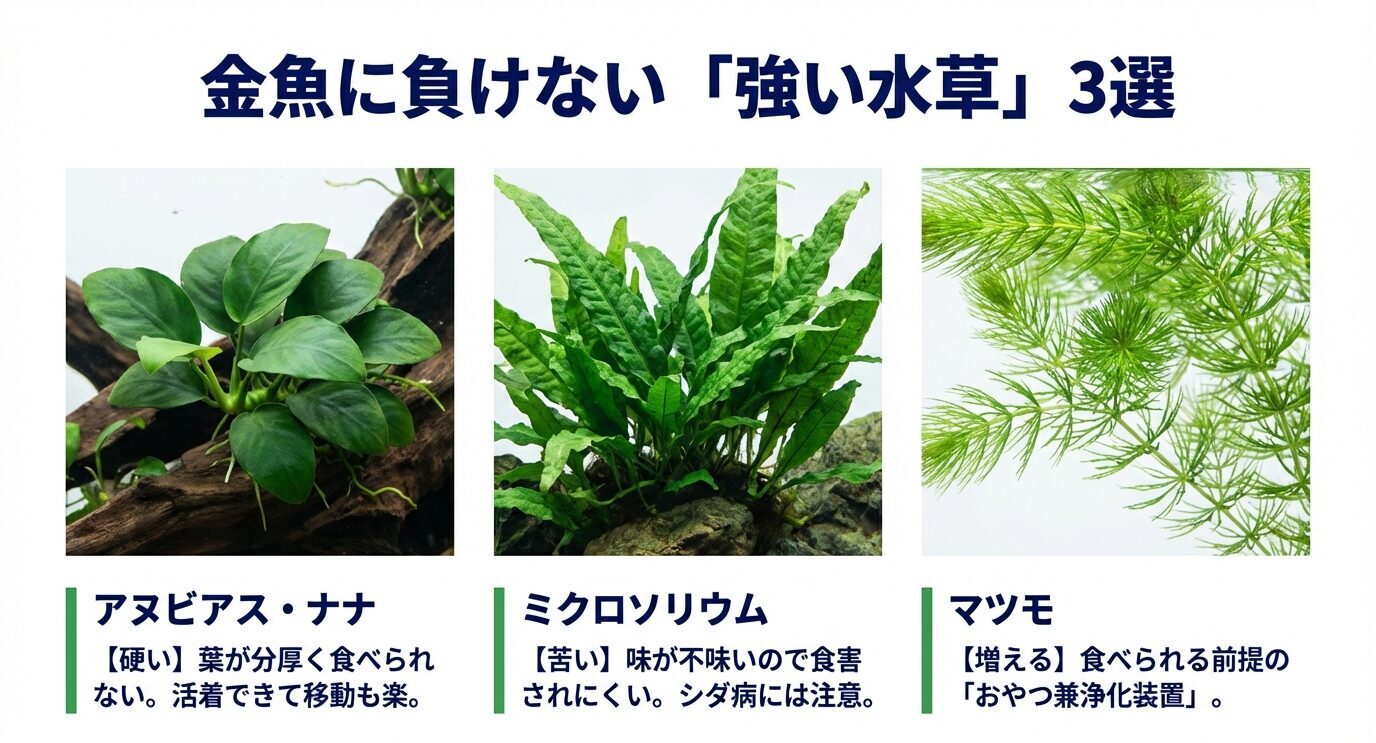 アヌビアス・ナナ、ミクロソリウム、マツモの写真と「硬い・苦い・増える」など特徴を一覧で示す。