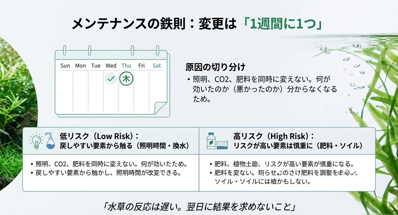 カレンダーの図と「照明・CO2・肥料を同時に変えない」という注意。低リスク要素(照明時間・換水)と高リスク要素(肥料・ソイル)を分けて説明している。