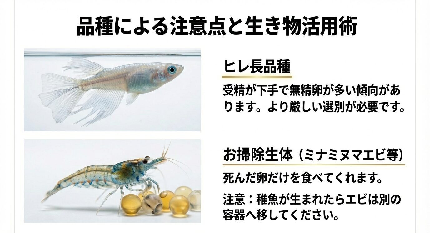 ヒレ長品種は受精がうまくいかず無精卵が多いため厳しい選別が必要と説明。あわせてミナミヌマエビ等が死卵だけ食べること、稚魚が生まれたらエビは別容器へ移す注意をまとめたスライド。