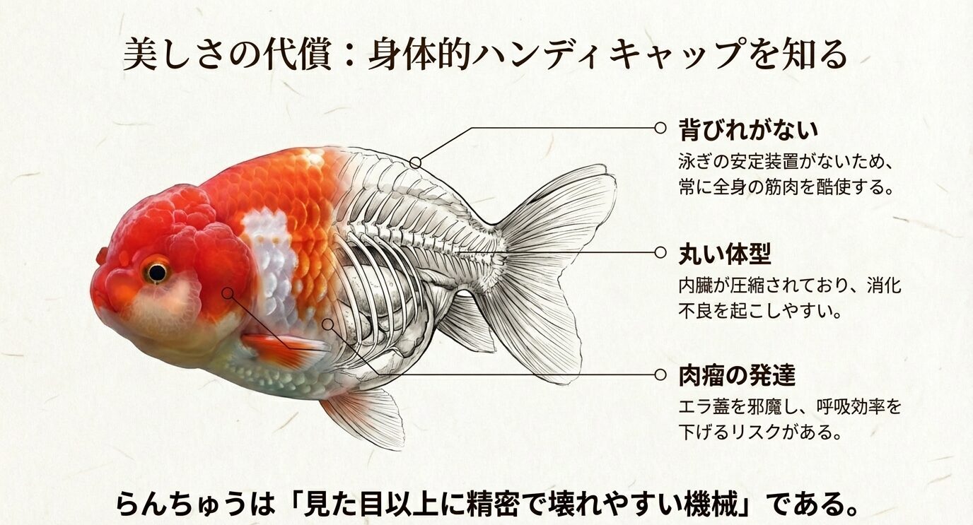 らんちゅうの図に「背びれがない」「丸い体型」「肉瘤の発達」の注釈が入り、負担が大きいことを示す。