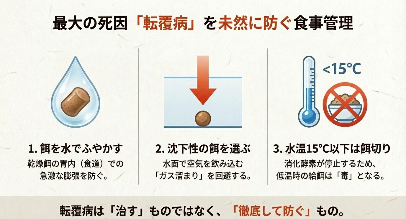 餌をふやかす・沈下性を選ぶ・水温15℃以下は餌切りの3点で、転覆病は「治す」より「防ぐ」と説明する図。