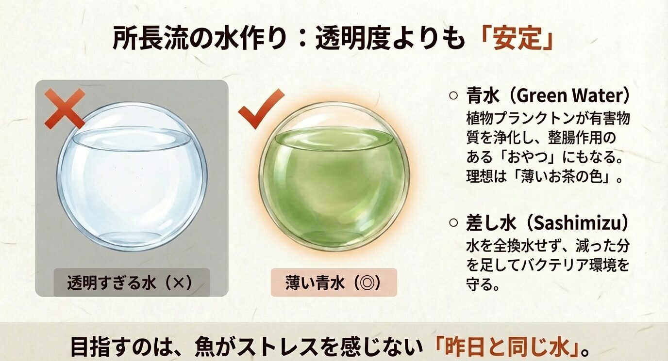 透明すぎる水は×、薄い青水は◎と示し、青水と差し水で「昨日と同じ水」を目指す図。