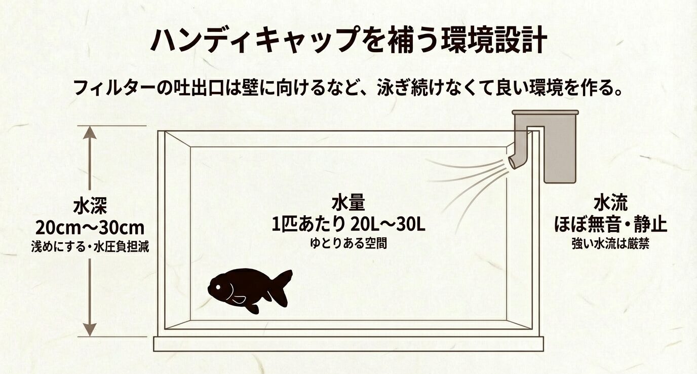 水槽図で水深20〜30cm、1匹20〜30L、強い水流は避け静かな流れにする要点を示す。