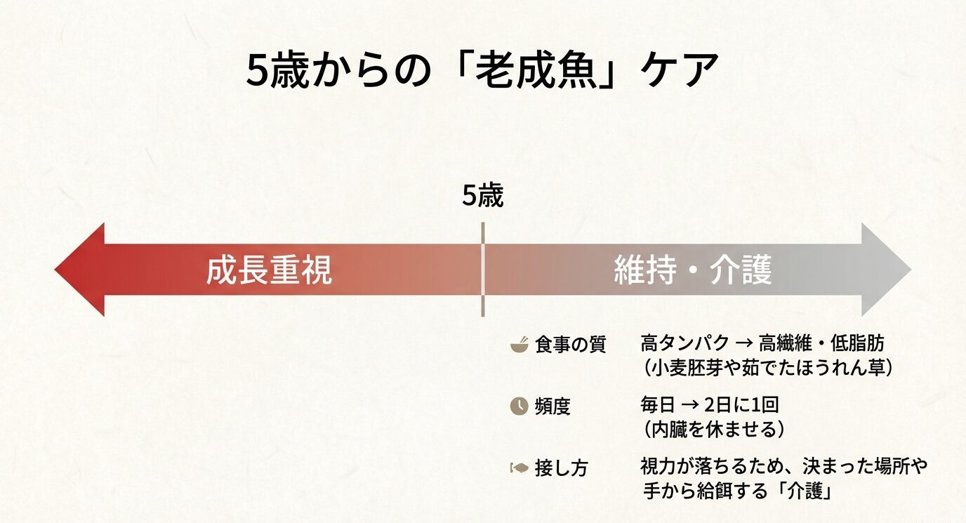 5歳を境に飼育方針が成長重視から維持・介護へ移り、食事の質・頻度・接し方を変えることを示す図。