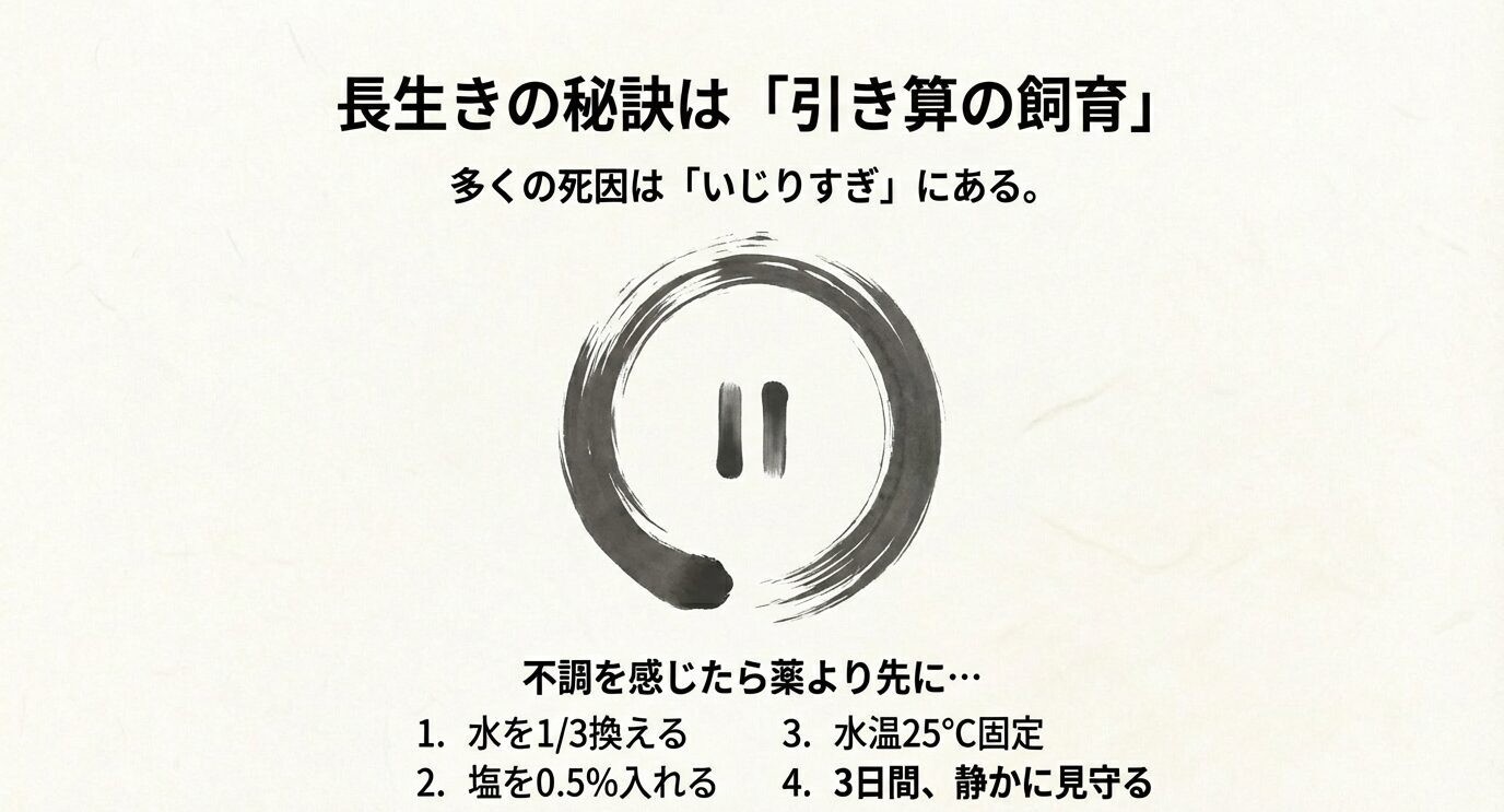 「いじりすぎ」が死因になりやすいとして、水1/3換え・塩0.5%・水温25℃固定・3日静観を提示する図。