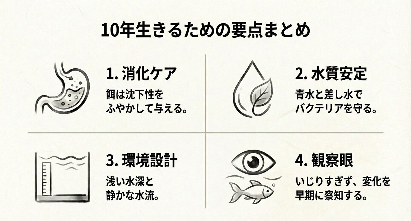 消化ケア・水質安定・環境設計・観察眼の4項目をアイコン付きで整理したまとめ図。