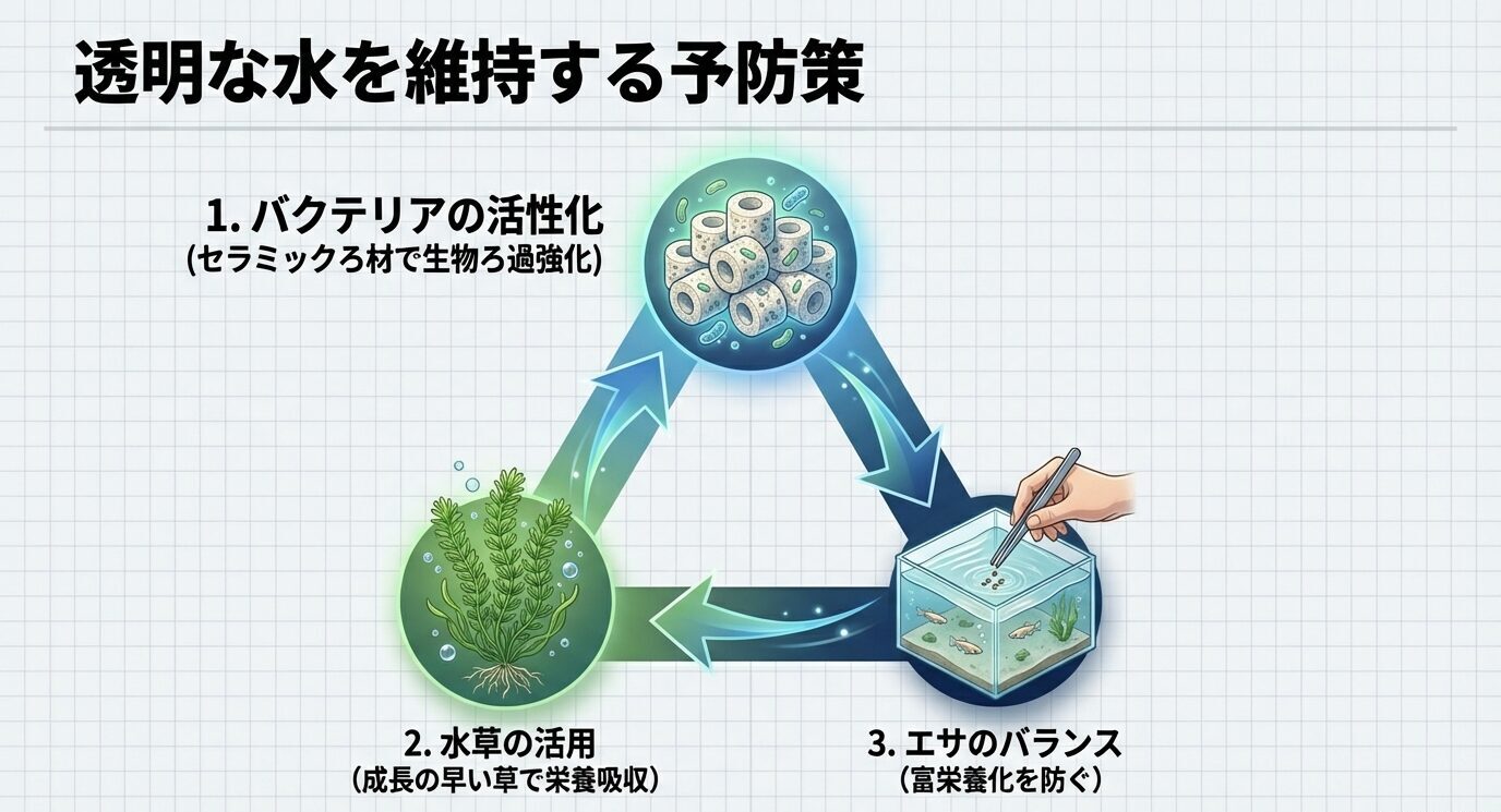 バクテリアの活性化(ろ材で生物ろ過強化)、水草の活用(栄養吸収)、餌のバランス(富栄養化を防ぐ)の3点を循環図で示す。