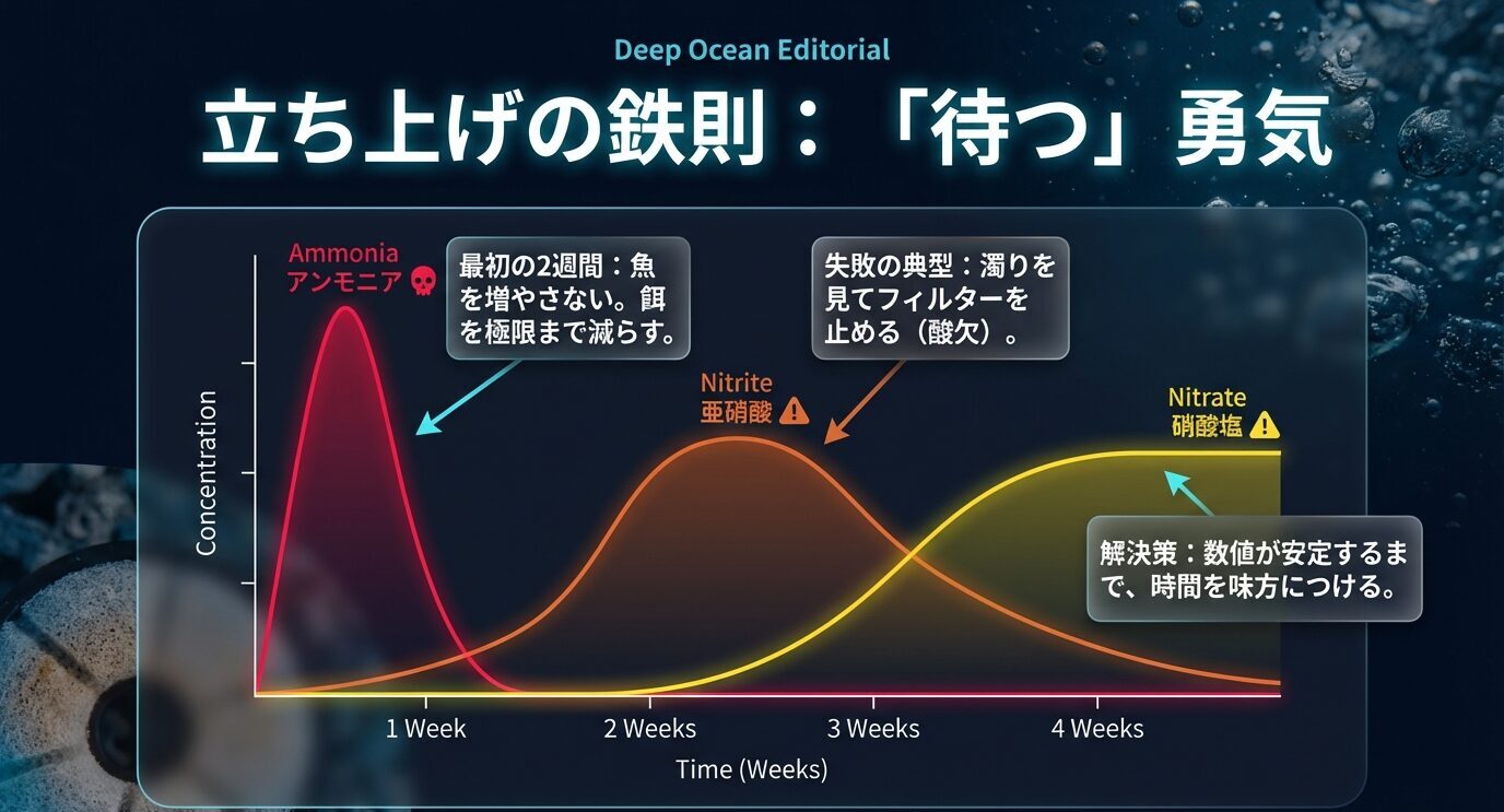 アンモニアが先に上がり、その後に亜硝酸、最後に硝酸塩が上がる推移グラフと、立ち上げ初期は魚を増やさずフィルター停止を避ける注意を示したスライド