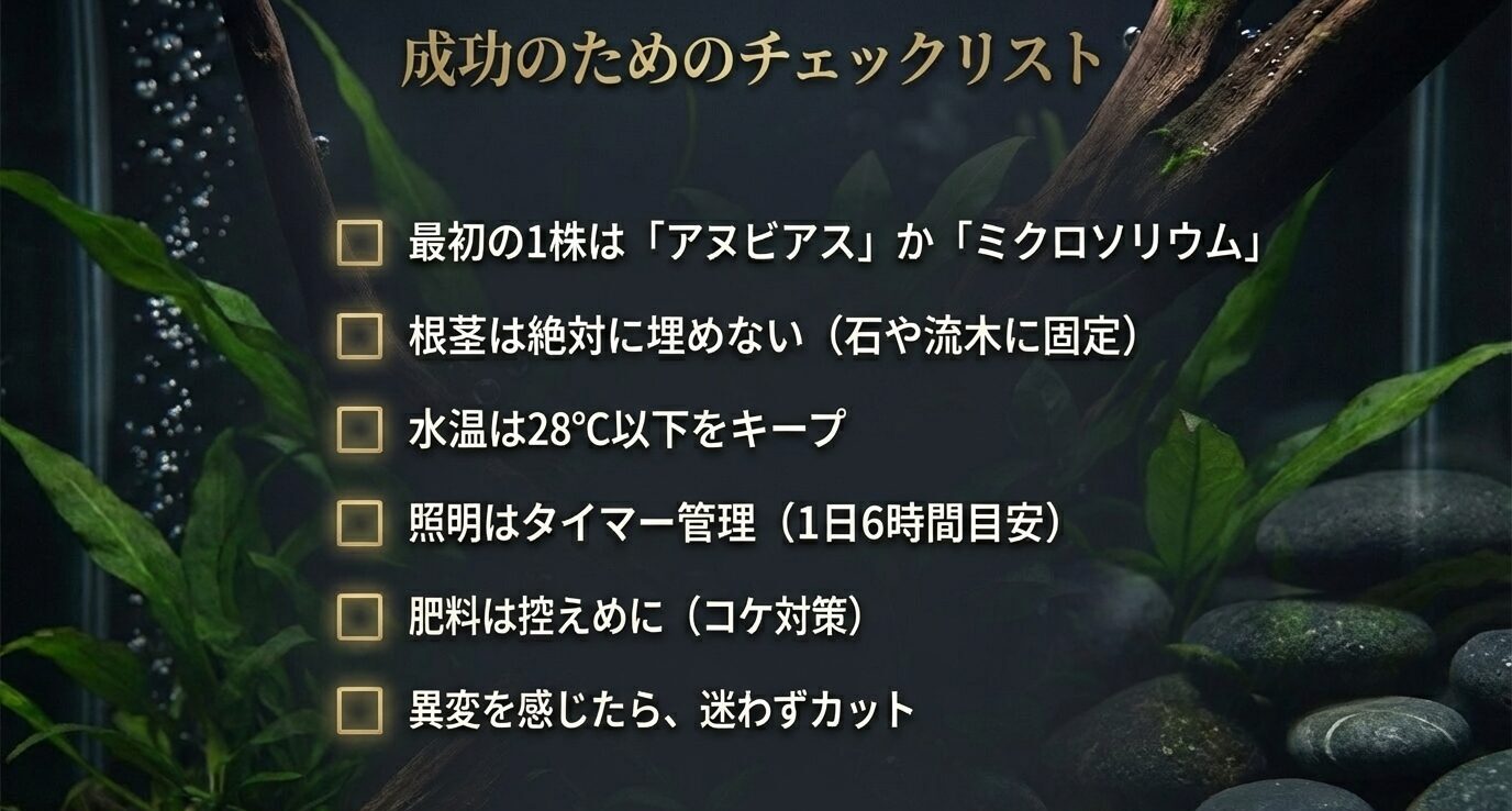 初心者向けチェックリストとして、最初はアヌビアスかミクロソリウム、根茎は埋めない、28℃以下、水槽ライトは1日6時間目安でタイマー、肥料控えめ、異変があれば迷わずカットと箇条書きで示す。