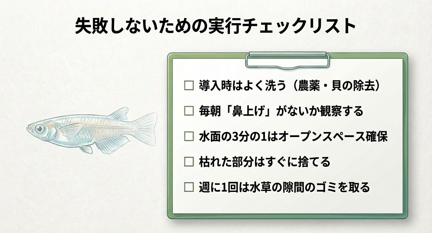 水草導入時の洗浄、毎朝の鼻上げ確認、水面1/3確保、枯れ撤去、週1のゴミ取りをチェック項目でまとめたボード。