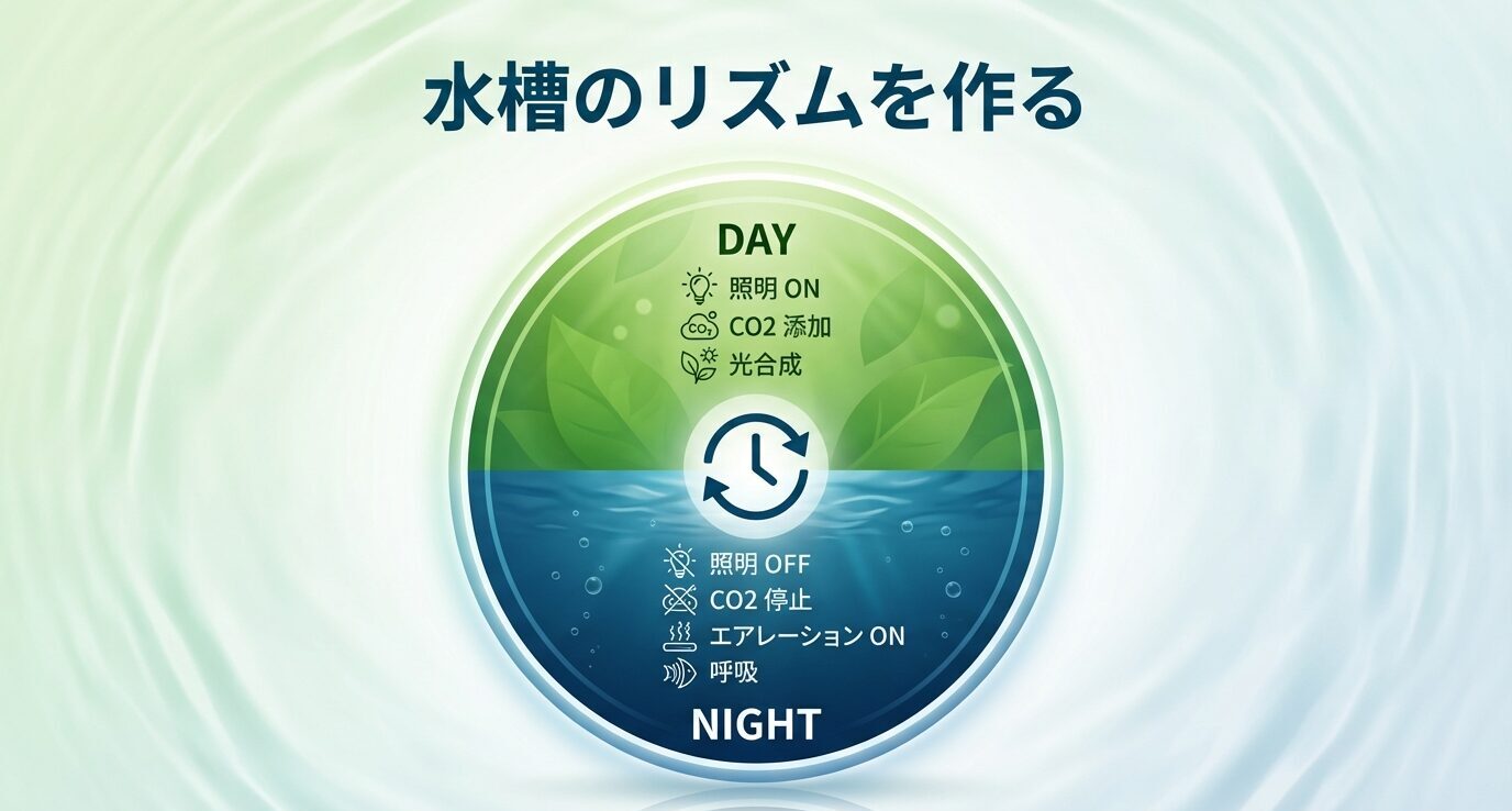 DAYとNIGHTの循環図。昼は「照明ON・CO2添加・光合成」、夜は「照明OFF・CO2停止・エアレーションON・呼吸」と切り替えるリズムを示している。