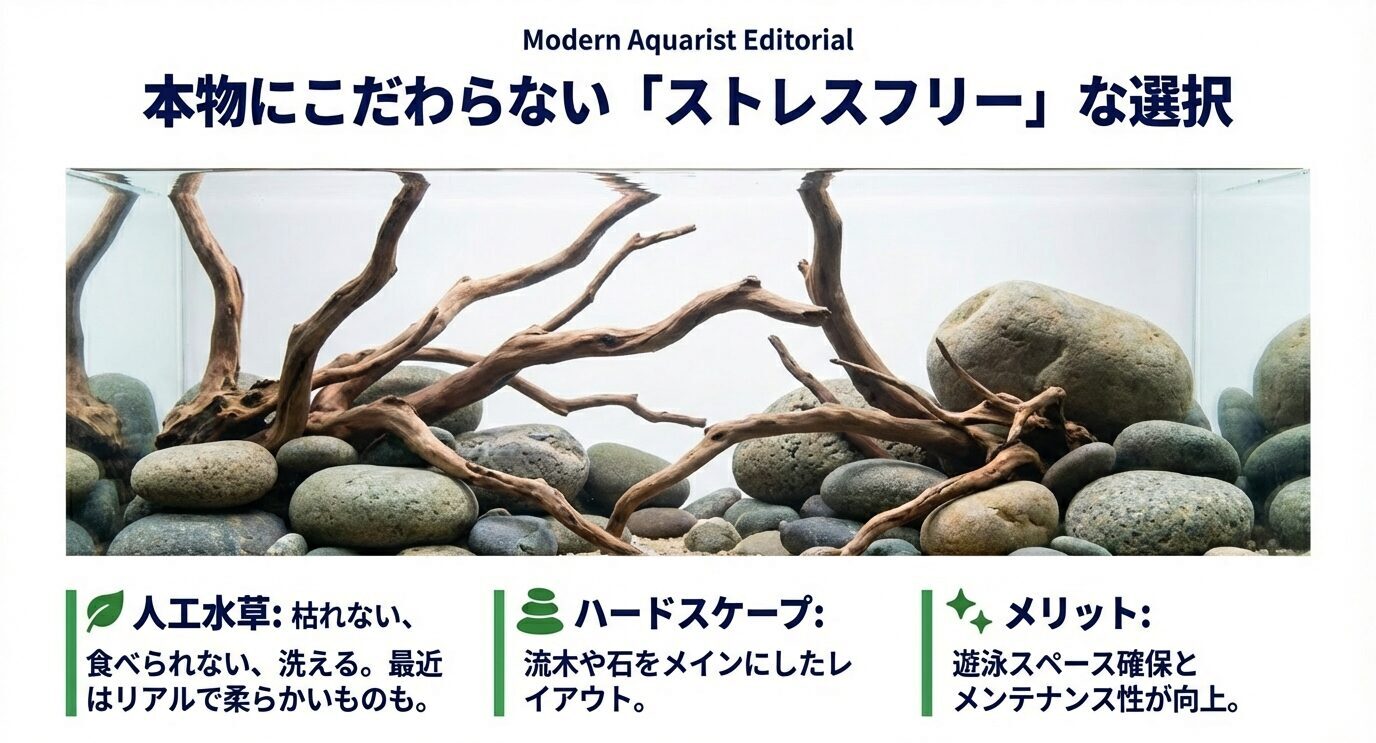 流木と石中心の水槽写真と、人工水草・ハードスケープの選択肢、遊泳スペース確保とメンテ性向上を示す。