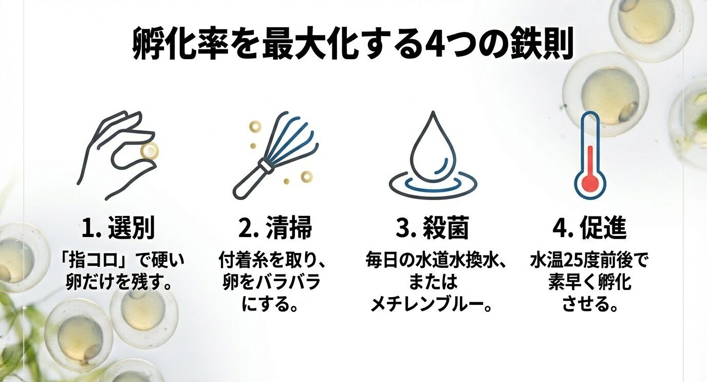 アイコン付きで「1.選別(指コロ)」「2.清掃(付着糸除去・卵をバラす)」「3.殺菌(毎日の水道水換水またはメチレンブルー)」「4.促進(水温25℃前後で素早く孵化)」をまとめたスライド。