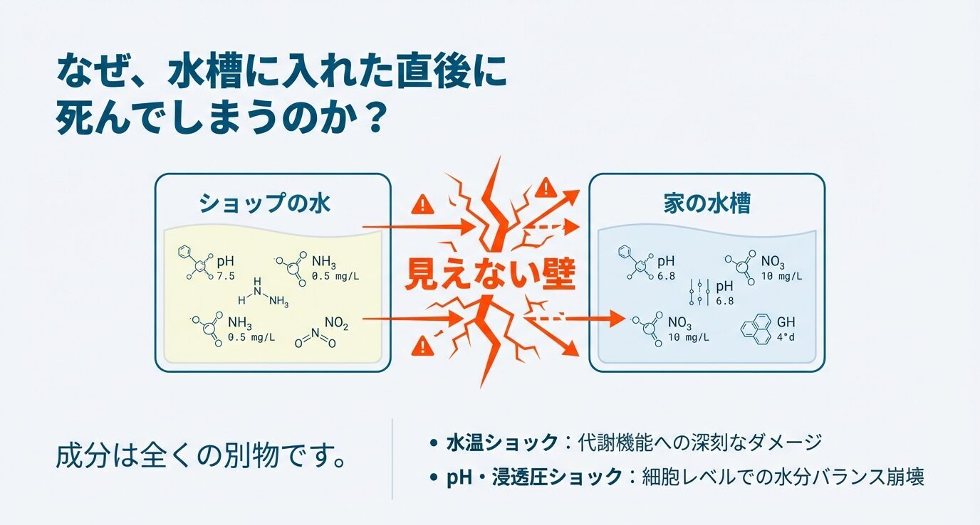 ショップ水と自宅水槽の水質差(pHや成分)を図で比較し、水温ショック・pH/浸透圧ショックが死因になることを示すスライド