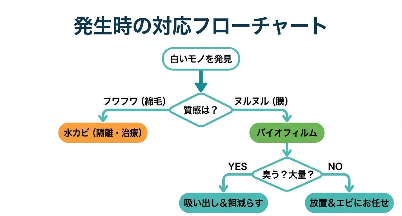 白いモノ発見→質感は?で分岐。フワフワ(綿毛)なら水カビ(隔離・治療)。ヌルヌル(膜)ならバイオフィルムへ。臭い・大量なら吸い出し&餌を減らす、問題なければ放置&エビに任せる。